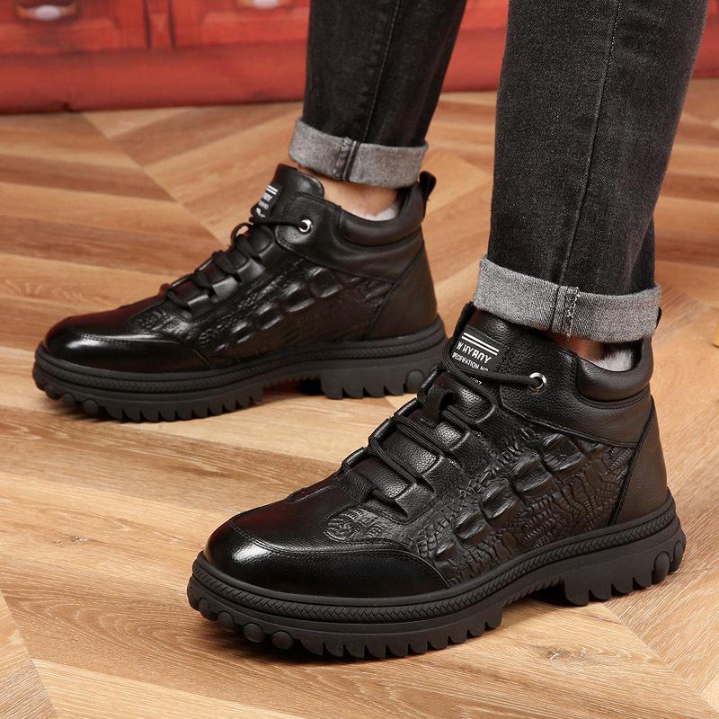 

Мужские зимние ботинки из натуральной кожи - теплая шерстяная подкладка, высокие, плюс бархат 44 чёрный