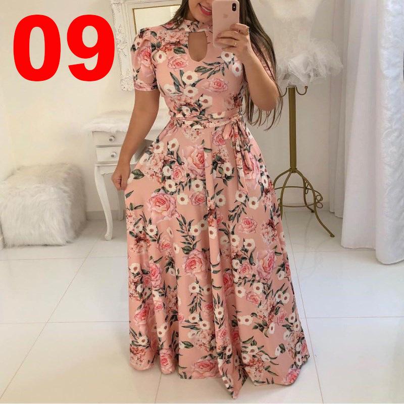 Women's Fashion Summer Spring Solid Color Print Short Sleeve O-Neck High Waist Casual Dresses