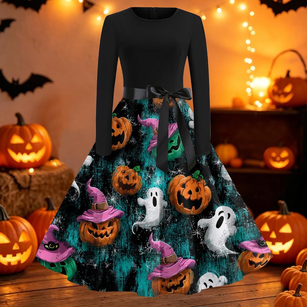 Women's Vintage Halloween Print Round Neck Casual Dress for Everyday Wear