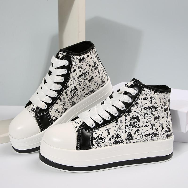 

Модная женская обувь на толстой подошве, с высоким верхом, осенняя новинка, с круглым носком, с принтом, на шнуровке, противоскользящая, износостойкая, одинарная обувь 43 белый