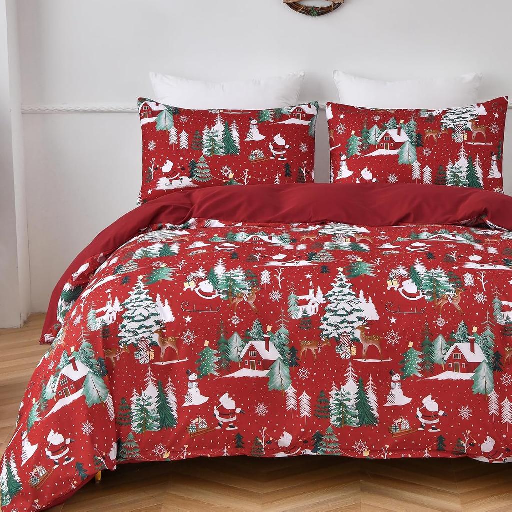 Red Merry Christmas Duvet Cover Set - Double Santa Claus & Christmas Tree Snowflake Pattern Soft Microfiber Bedding Set