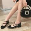 Sheepskin version~ Square head leather rhinestone shoes with shallow mouth single shoes women's thick heel retro Mary Jane shoes