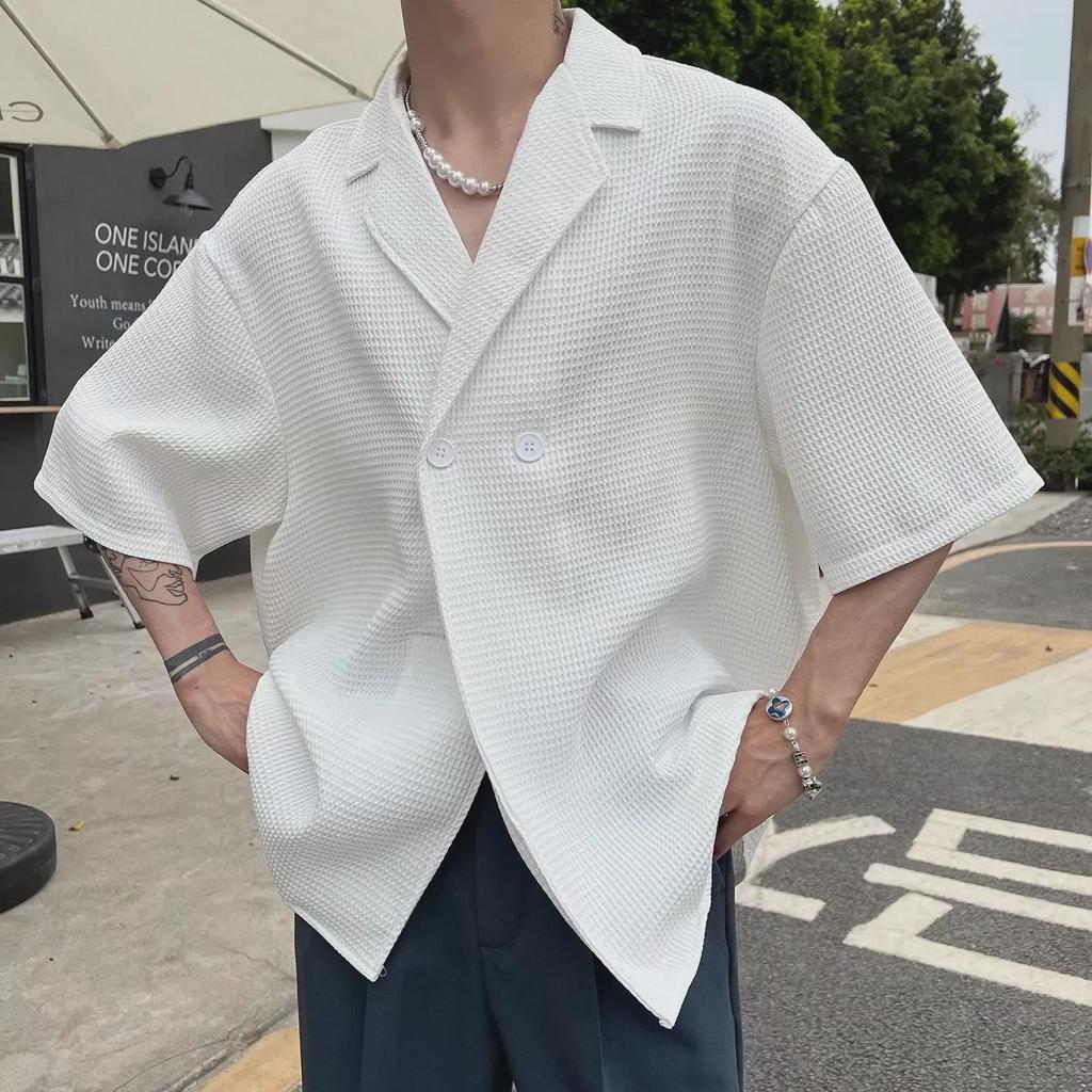 Men's Stylish V-Neck Waffle Collar Shirt - Short Sleeved & Loose Fit