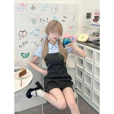 Small Preppy Style Polo Fake Two-piece Dress, Summer Sweet and Hot Girl Waist Slimming Polka Dot Hip Short Skirt