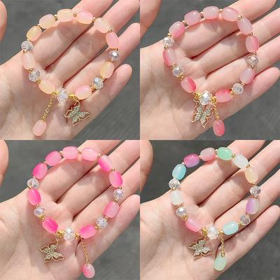 New Sweet Butterfly Beaded Bracelet for Women Girls Pink Color Imitation Jade Bohemian Crystal Hand Jewelry Birthday Party Gifts