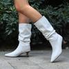 Fashion Trendy Women Pleated Blue Denim Jeans Boots Spike Heels Pointy Toe Knee-high Boots Shoes Autumn Winter Red Black White Pink