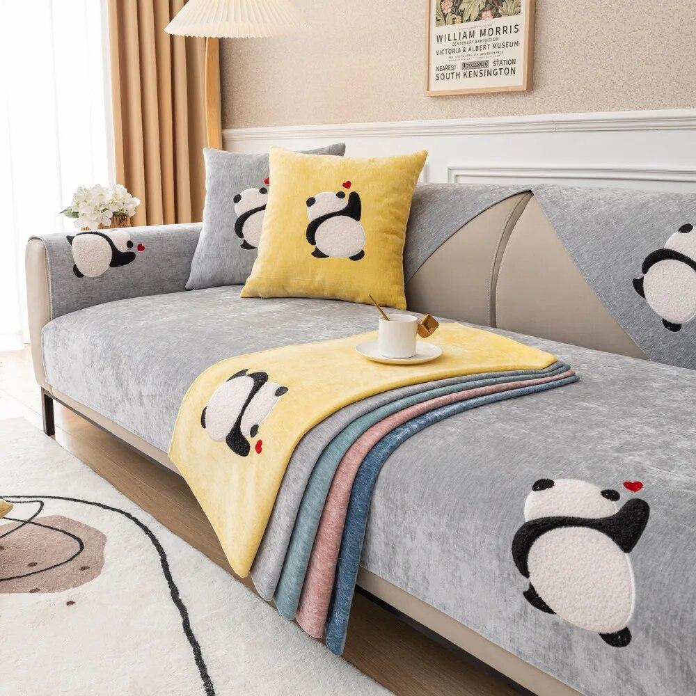 Luxury Sofa Cover Cushion Cartoon Panda L Shape Leather Couch Cover Four Seasons Universal Non-slip Back Towel for Living Room