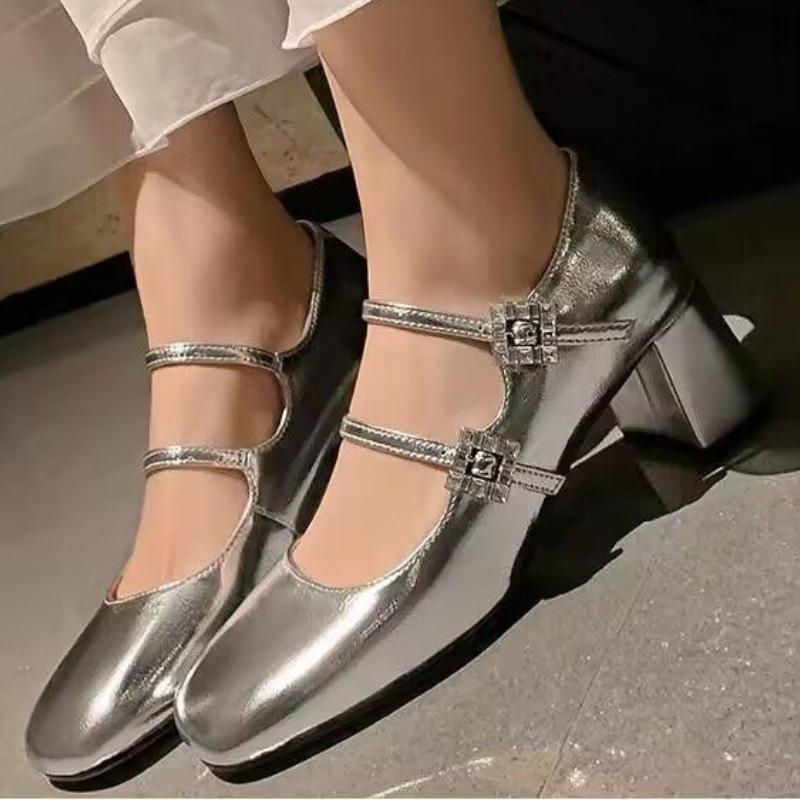 Fashion Springand Autumn Casual Fashion Round Toe Square Heel Solid Color Non-slip Wear-resistant Simple Women's Belt with Single