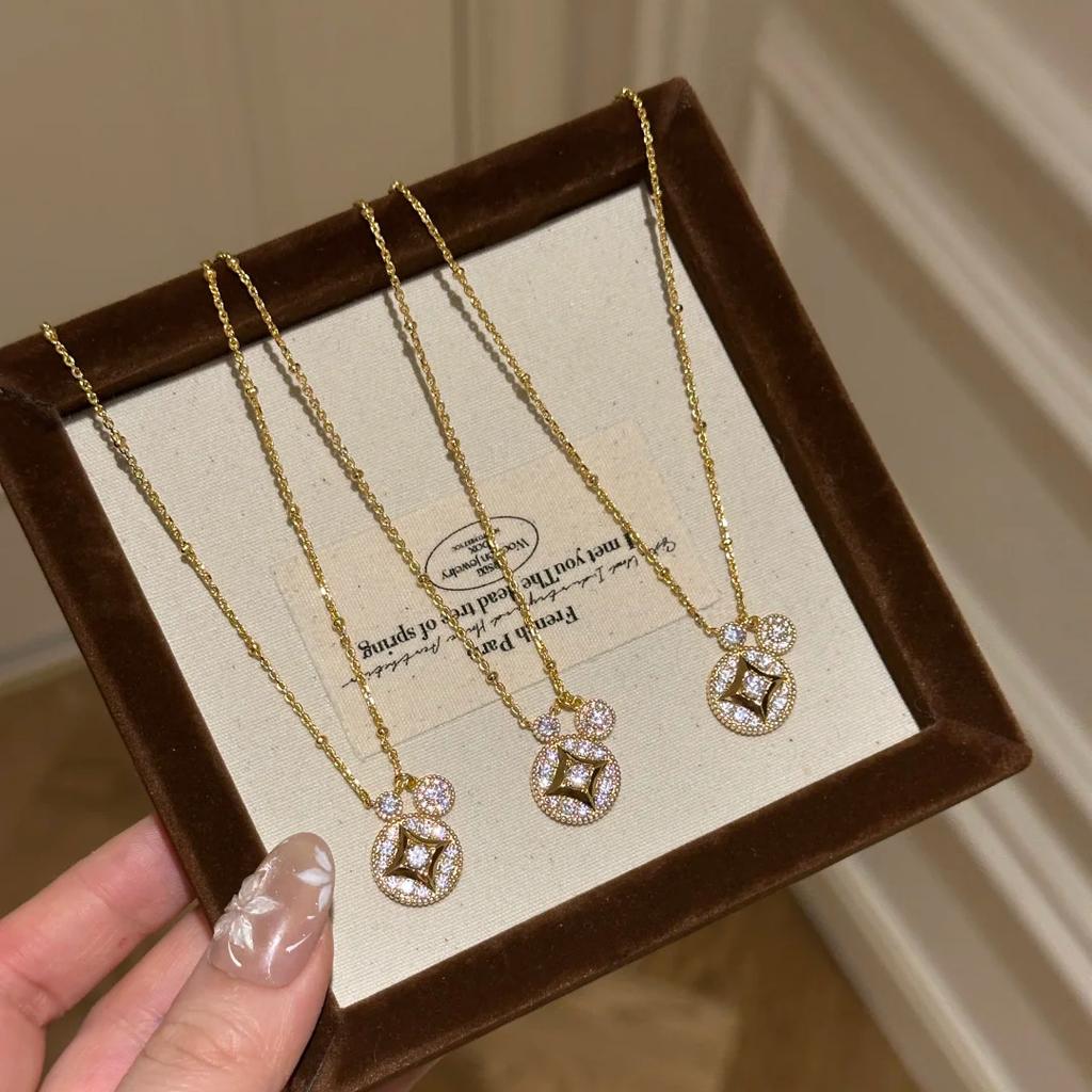 Old Money Wind Copper Coin Necklace Collarbone Chain Fashionable Light Luxury Diamond-Encrusted Money Bracelet Coin Earrings Earrings Women