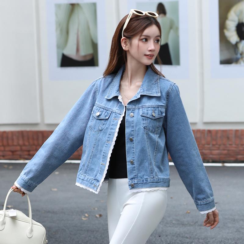 Lässige Jeansjacke im koreanischen Stil mit Spitzenbesatz