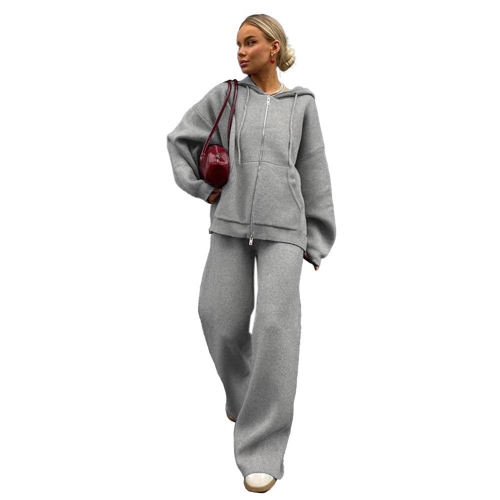 European & American 2026 Autumn/Winter New Zipper Hooded Knit Cardigan Wide-Leg Pants Lazy Style Two-Piece Set