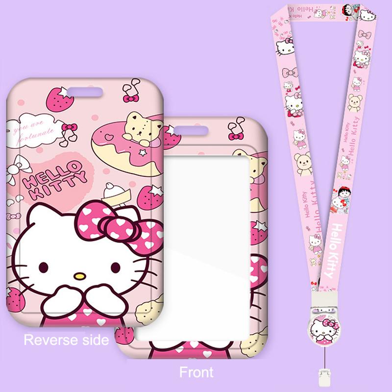 Kawaii Hello Kitty Photo Card Holder Sanrio Kt Cat Telescopic Easy-Pull Buckle Card Sleeves Pendant Meal Card Bus Card Cover