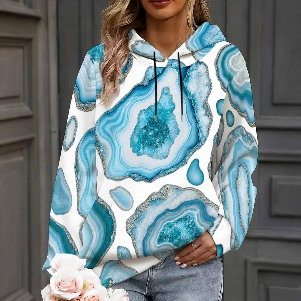 Women Plus Size White Floral Printed Long Sleeve Pullover Hoodie With Drawstring Hood And Kangaroo Pocket