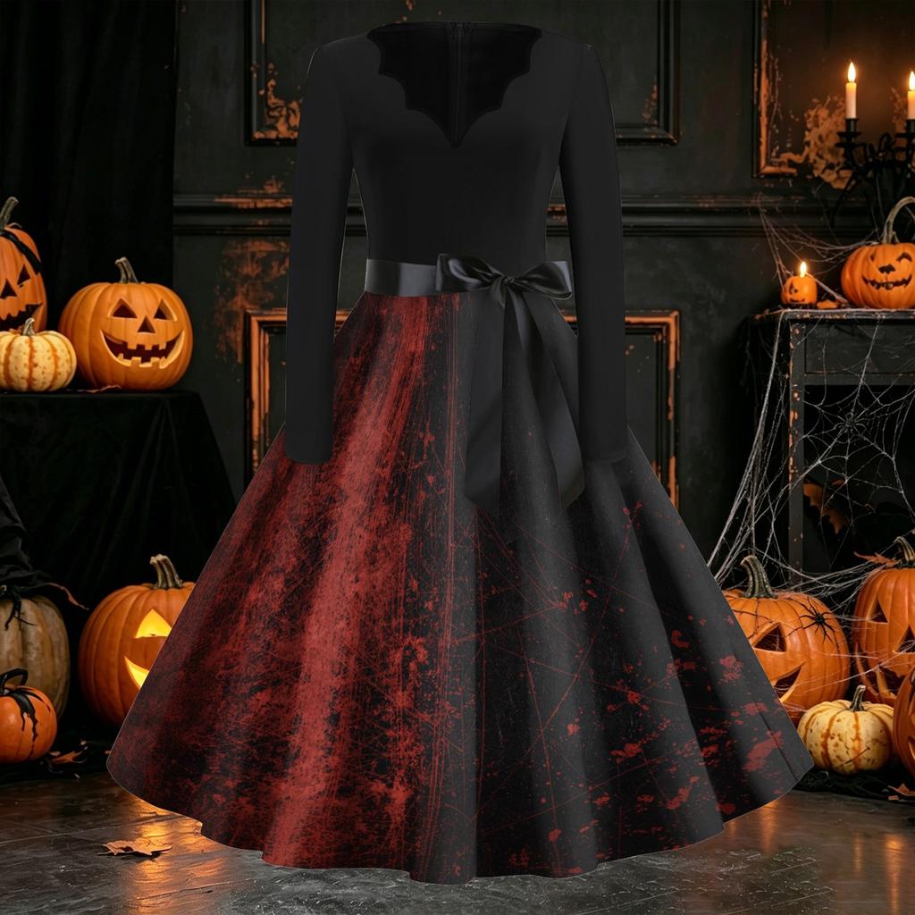 Women's Casual Long Sleeve V Neck Vintage Dress Halloween Print A Line Midi Dress with Waist Tie Belt for Everyday Wear