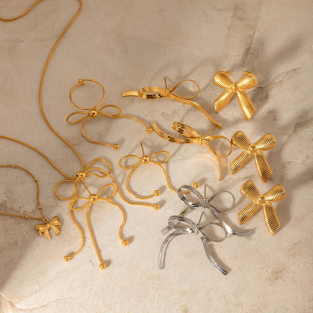  Trendy Stainless Steel Snake Chain Bow Earring Necklace for Women Stainless Steel High-Grade Delicate Jewelry Gift