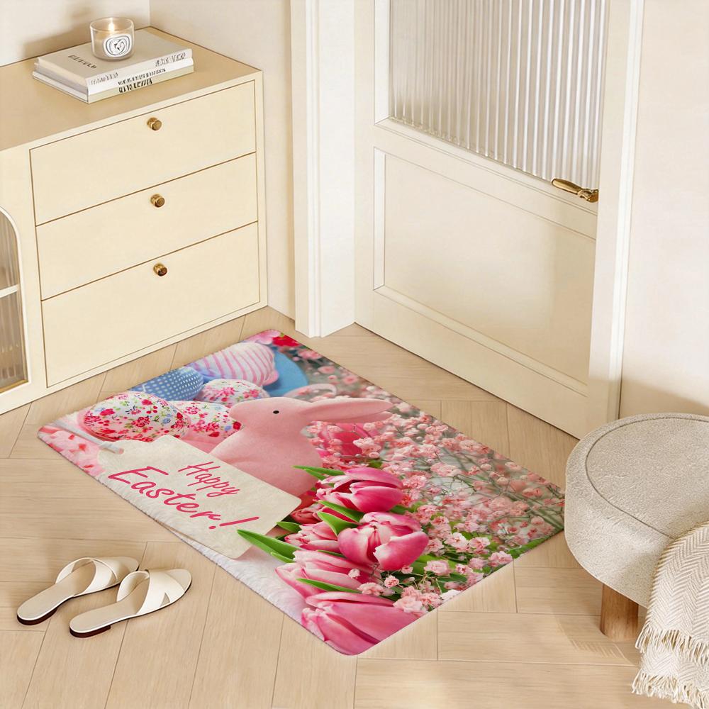 Easter Bunny Cute Eggs Floor Mat Eco Flannel Doormat Non Slip Odorless Indoor Floor Rug Soft Short Plush Home Mat