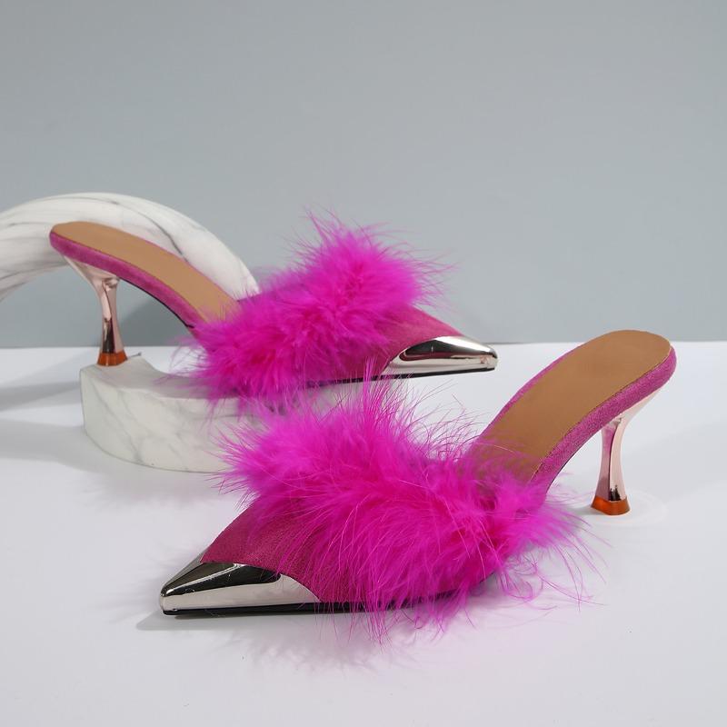 Women's High-heeled Slippers Spring New Metal Pointed Head Shallow Mouth Plush Slip-on Anti-slip Wear-resistant Heeled Sandals