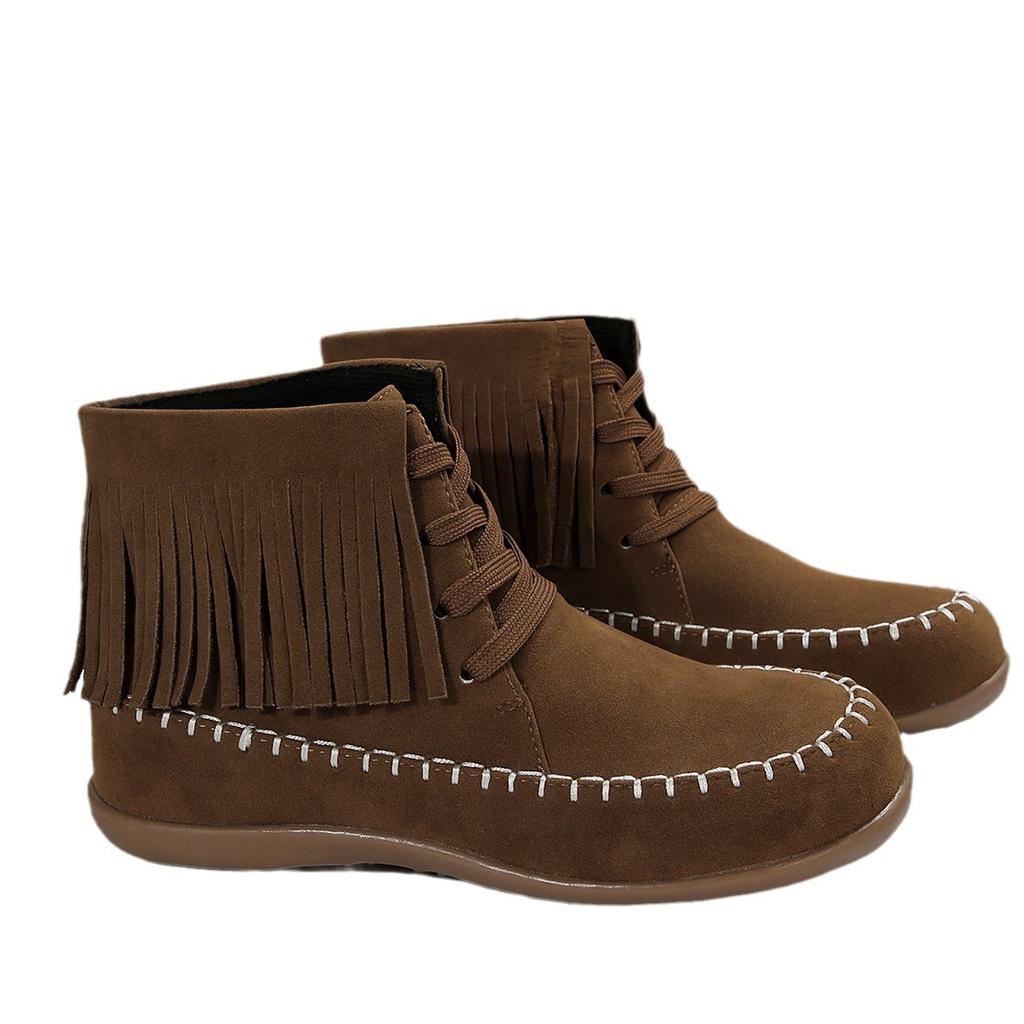 Large Size Rivet Flat Bottom Fringed Cotton Boots New Short Tube Round Head Suede Martin Boots
