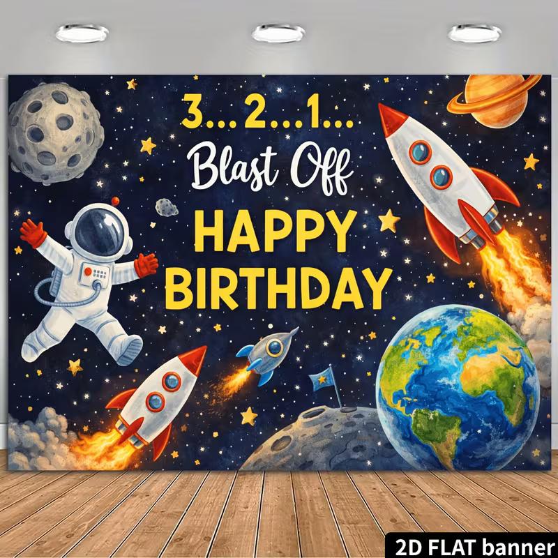 2D Blast Off Space Astronaut Rocket Backdrop for Little Boys Space Birthday Photoshoot 47.2x31.5inch/120*80cm