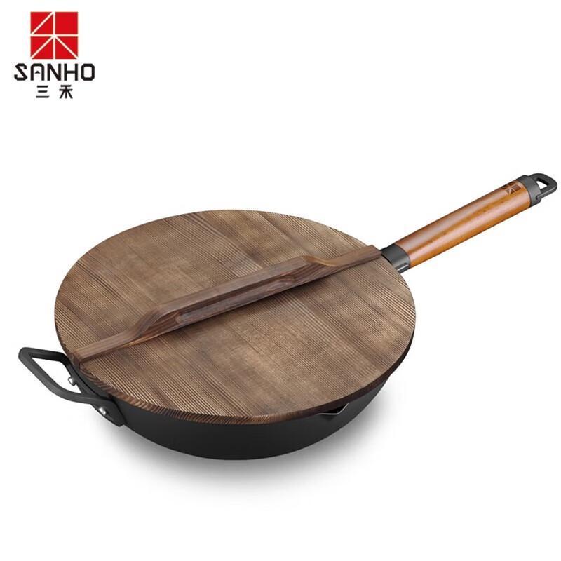 Sanhe 34cm Uncoated Round Bottom Iron Wok with Wood Lid