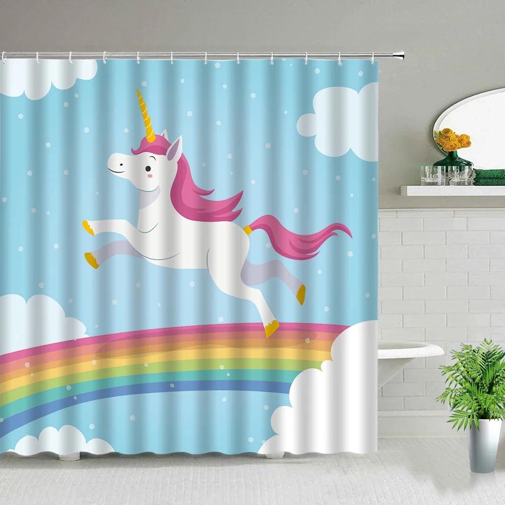 Cartoon Animal Unicorn Shower Curtains Rainbow Butterfly Kids Baby Bathroom Decor Bath Curtain Set Waterproof Fabric
