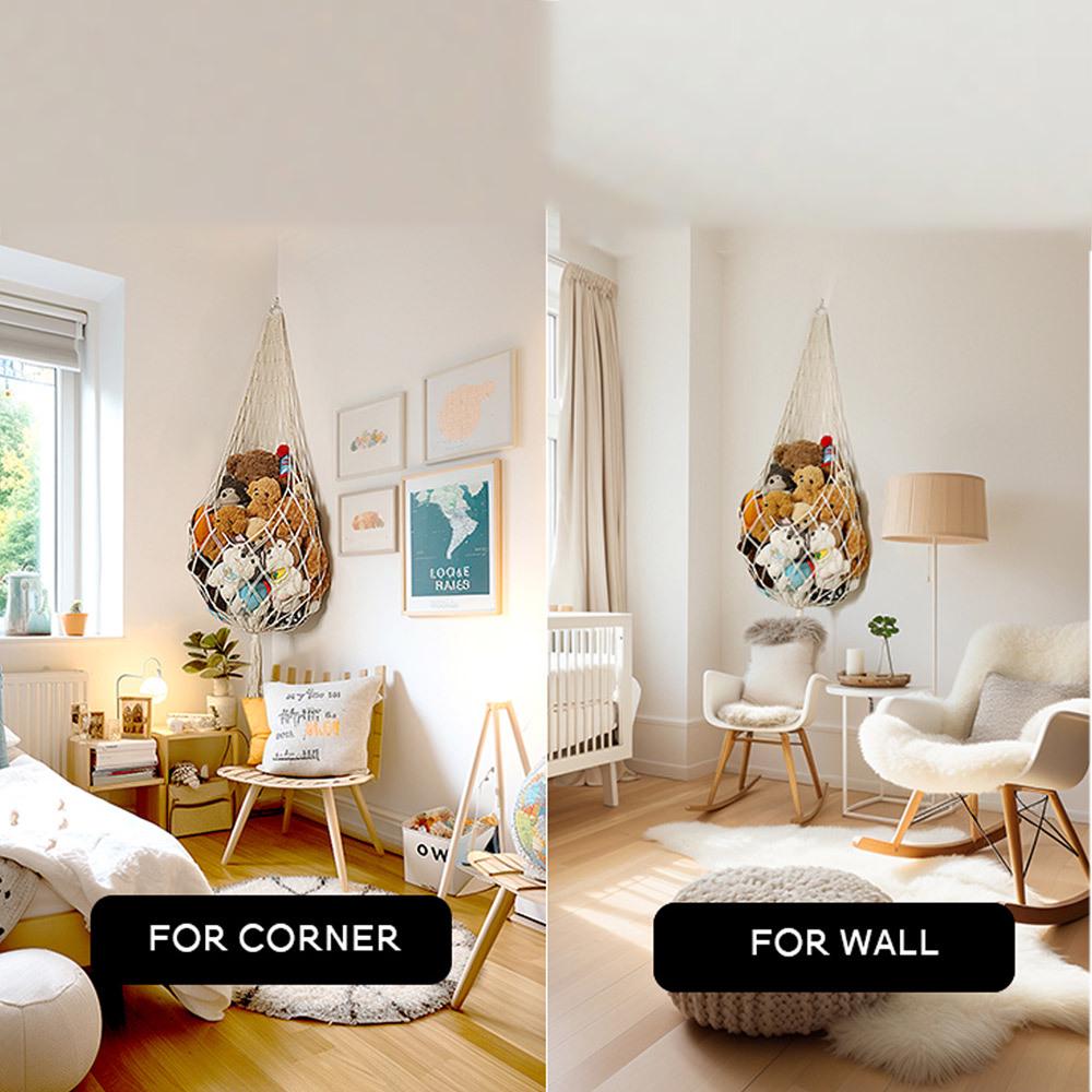 Triangle Cotton Rope Hanging Toy Net with Tassels - Plush Toy Storage for Kids' Room