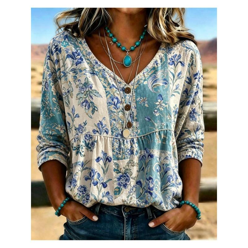 Women S V Neck Printed Loose 3 4 Sleeve Casual Top