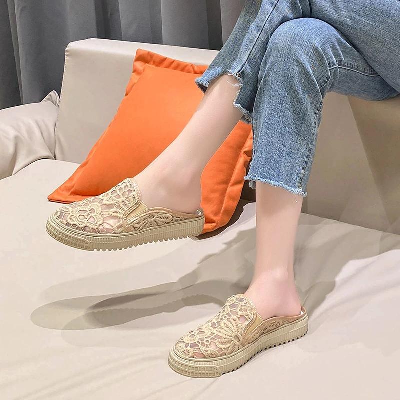 Hollow Embroidered Women's Slippers Flat with Pull on Women's Shoes on Sale 2025 New Summer New Solid Women's Slippers