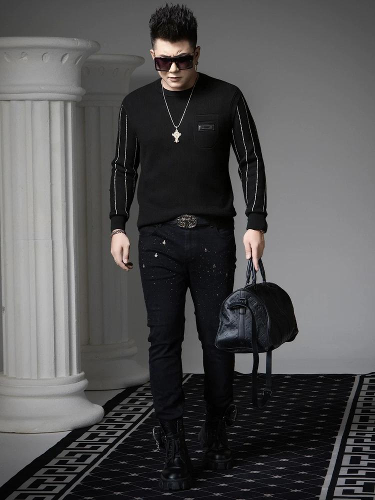 European-Style Round-Neck Sweater for Men, Autumn/Winter 2025 New Trendy Brand with Pocket Decoration, Pullover Long-Sleeve Knit Base Shirt