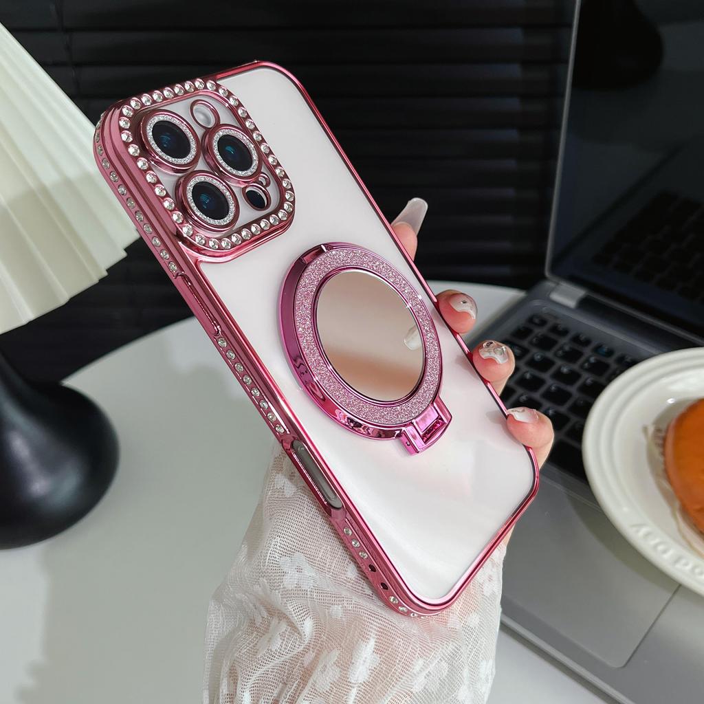 Girls Cute Glitter Diamond Makeup Mirror Camera Lens Protector Bumper Phone Case With Stand For iPhone 17 16 Pro Max Samsung S25 S24 Protective Cover