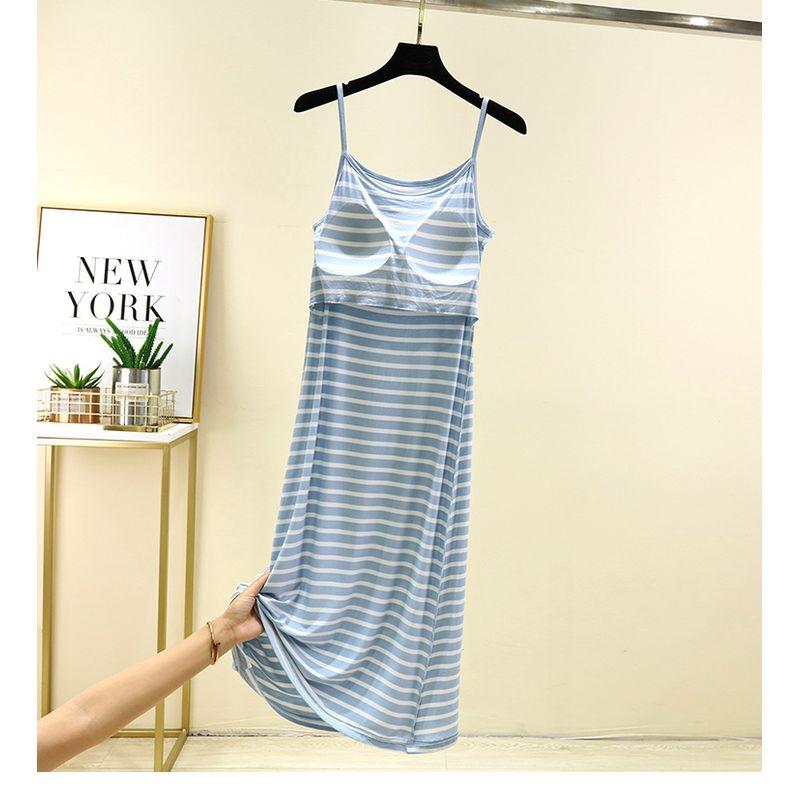 Chest Pad Modal Suspender Skirt Plus Size Slimming Chest Cotton One-Piece Bottoming Underdress Ice Silk Stripe Mid-Length Nightdress