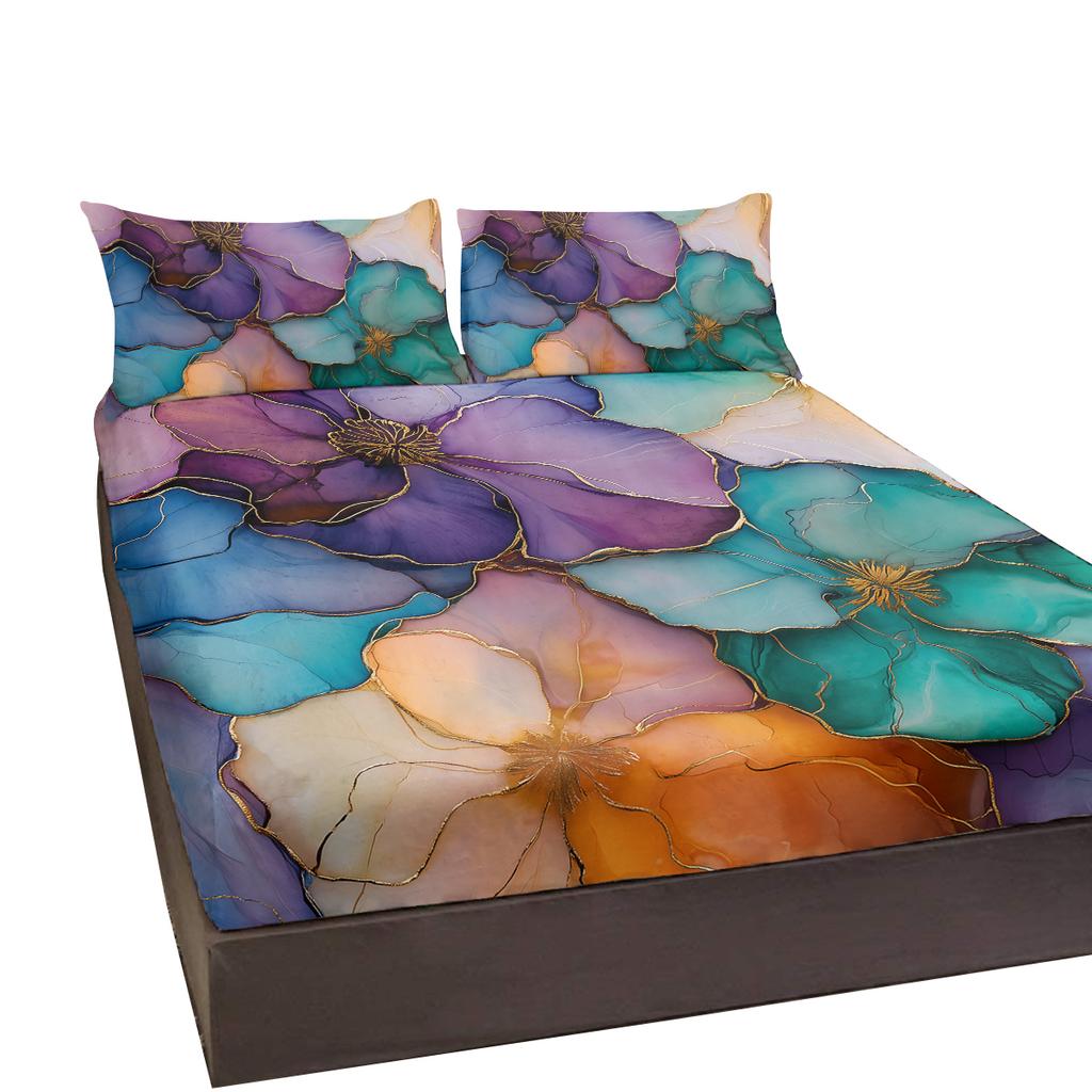 3-Piece Bed Set With Floral Pattern In Gold, Including Two Pillowcases, Suitable For Bedroom And Living Room (Room, Decor)