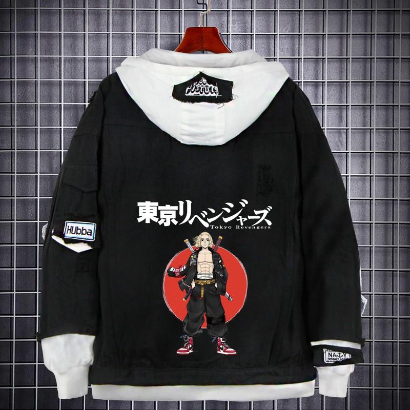 Tokyo Revengers Anime Denim Jacket Fake Two-piece Hoodie Men Youth Streetwear