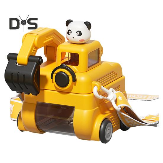 Sticlă de apă Excavator pentru copii 500ml Cupă Cartoon etanșă cu roți Curea ajustabilă Pai cu capac rabatabil Sticlă de apă pentru școală exterior