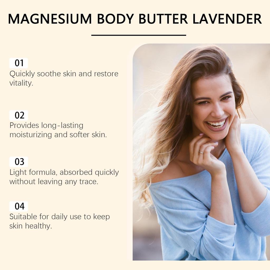 Lavender Magnesium Body Butter - en återfuktande kräm lämplig för torr hud, som avger en avslappnande doft, mild och icke-fet.