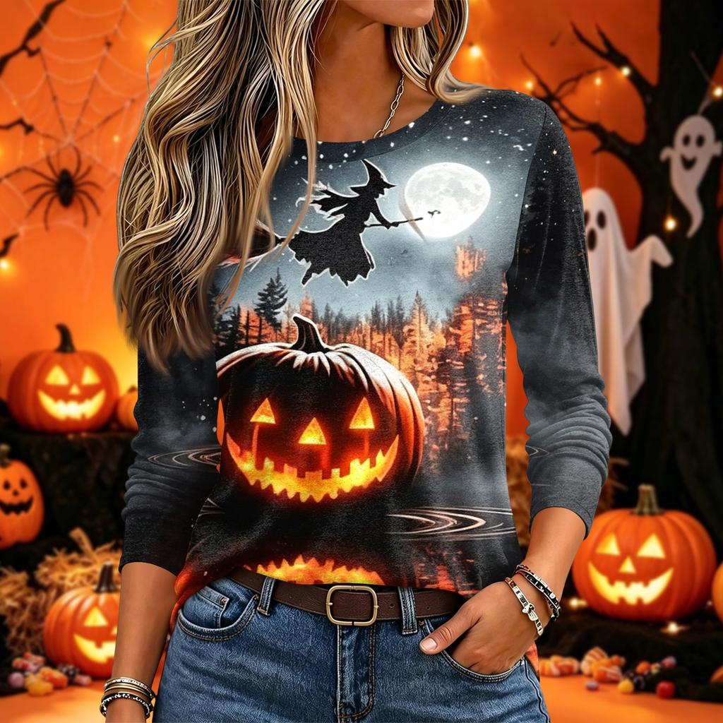 Women's Halloween Printed Neck Long Sleeve Pullover Top