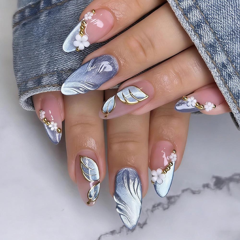 3D Almond Cat Eye Resin Nails with Ocean Blue Butterfly Stickers