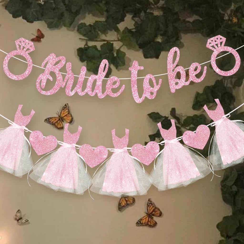 Decor de Nuntă European și American: Fustă Tulle 'Bride to Be' Banner Sclipicios cu Design Inel cu Diamant