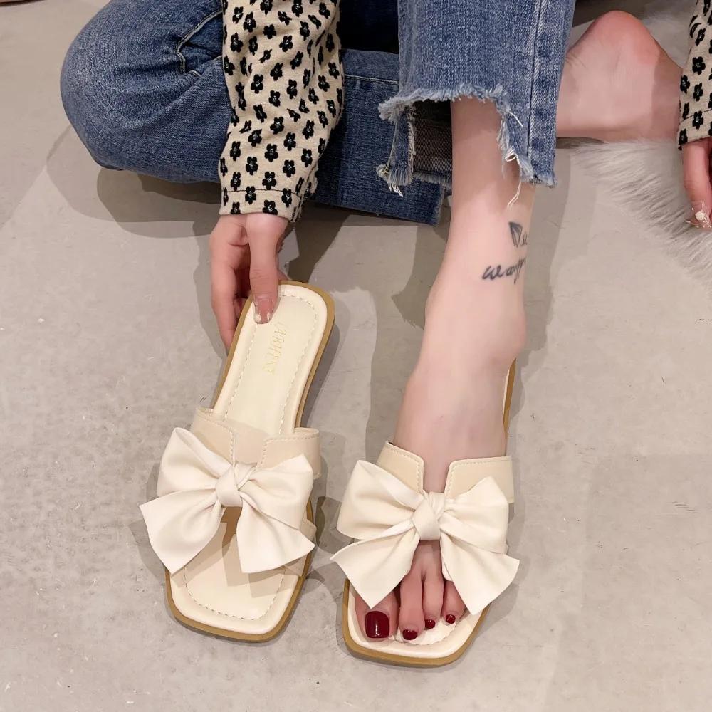 Women's Summer New Style Casual Flat Shoes for Outdoor Wear, Fashionable and Versatile Butterfly Bow French One-piece Slippers