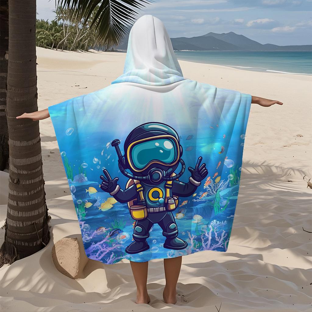 Deep Sea Diving Hooded Beach Towel Flat Print Microfiber Soft Poncho Bathrobe Quick Dry Swim Cape for Adult Kids Gift