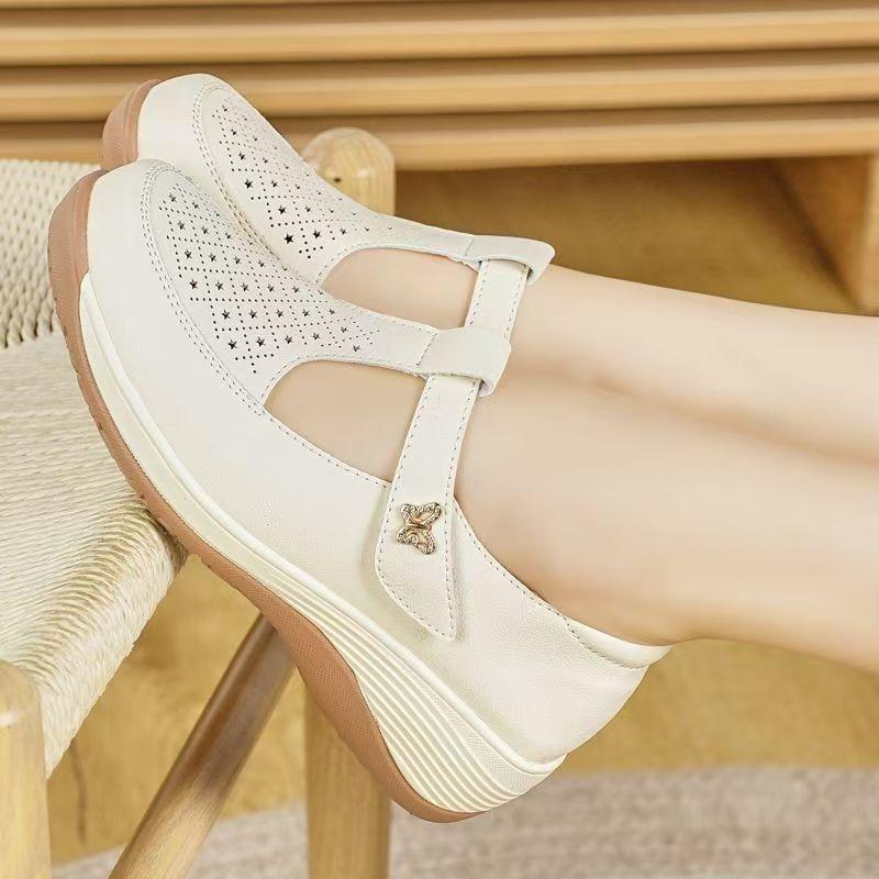Not Tired Feet Women's Shoes Soft Sole Hollow Leather Shoes Women's Summer New Casual Thick Sole Velcro Slope Heel Single Shoes Women