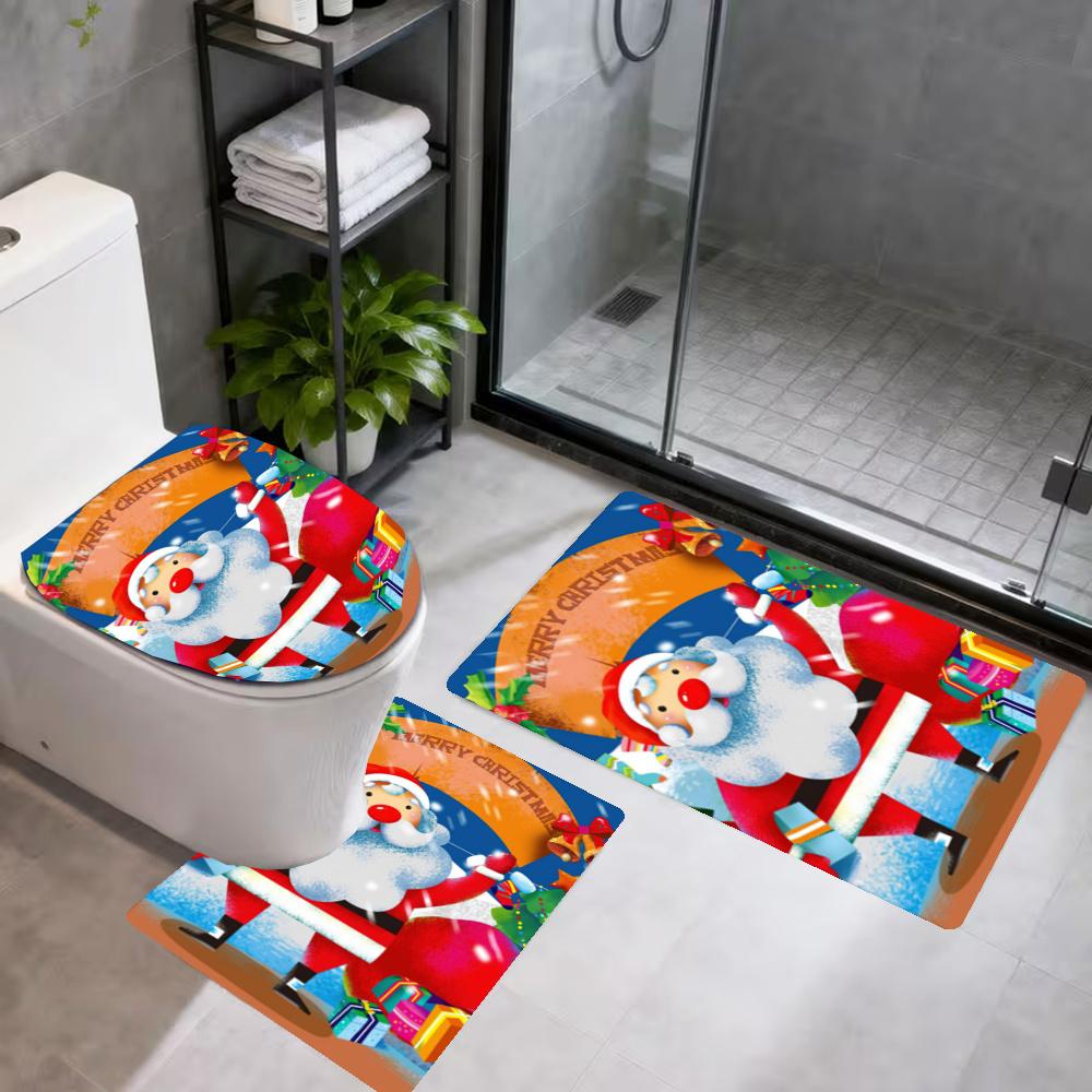 Christmas 3Pcs Bathroom Mat Set Toilet Lid Cover And Rug Ushaped Bath Mats Nonslip Door Mat Decoration