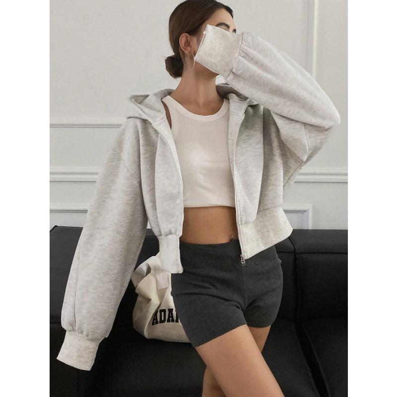 Women Short Zip Up Hooded Cardigan Batwing Sleeve Loose Streetwear Solid Color