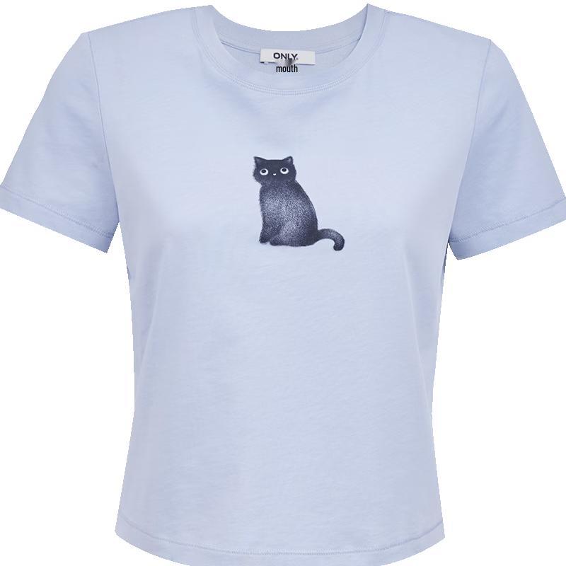 ONLY Women's Cute Cat Print Ribbed Short Sleeve T-Shirt