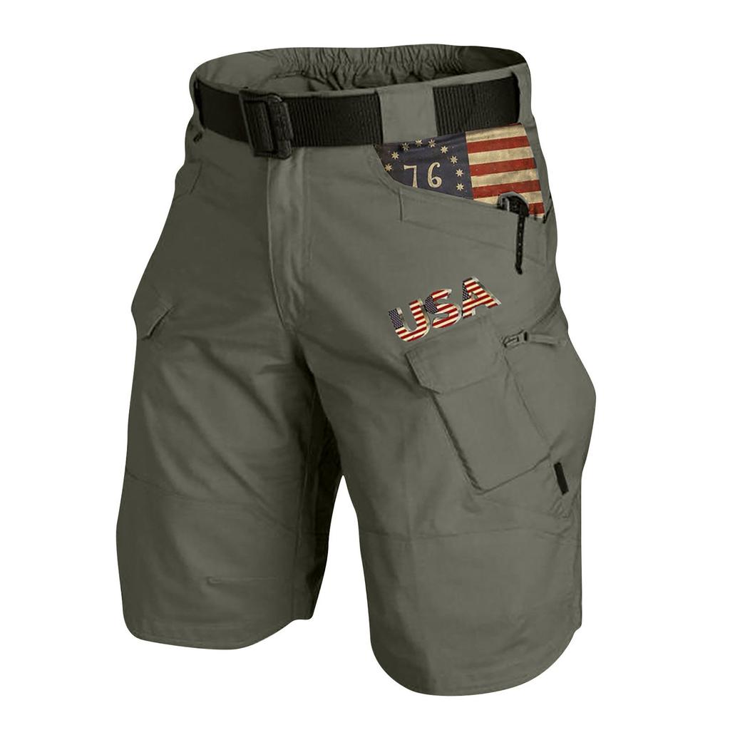 Men's Tactical Cargo Shorts with USA Flag Design, Multi-Pocket, Stretch Waist, Durable Outdoor Work Wear
