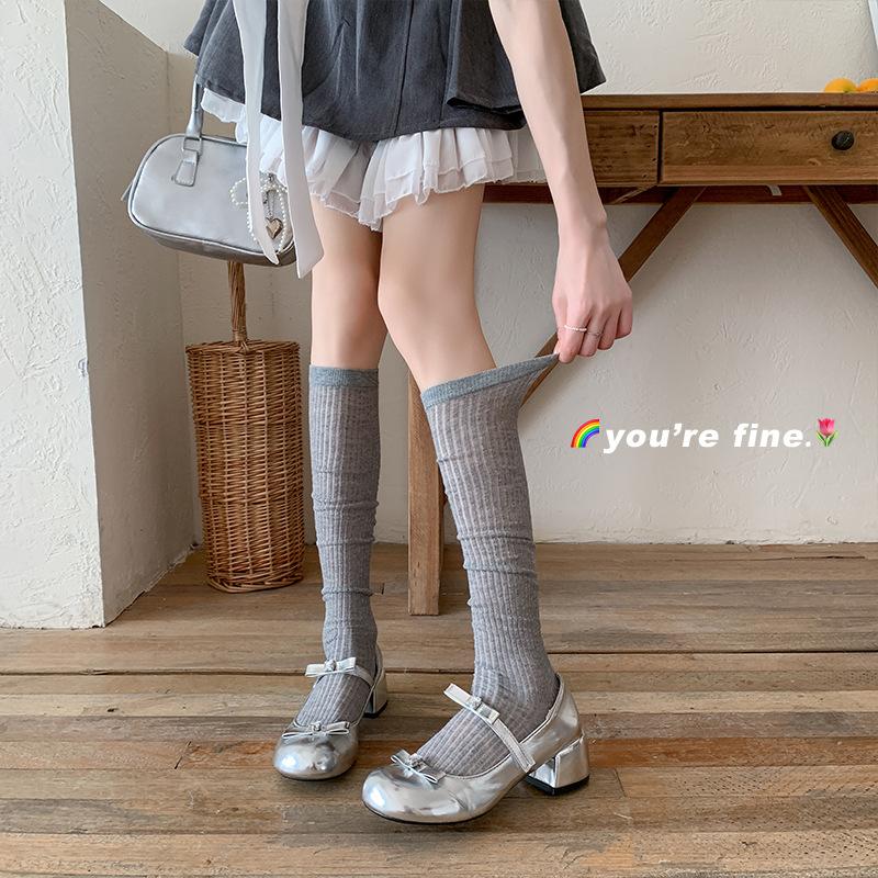 Damen vertikal gestreifte einfarbige dünne Ballett-Stil lange atmungsaktive Knie- bis Wadenlange Socken