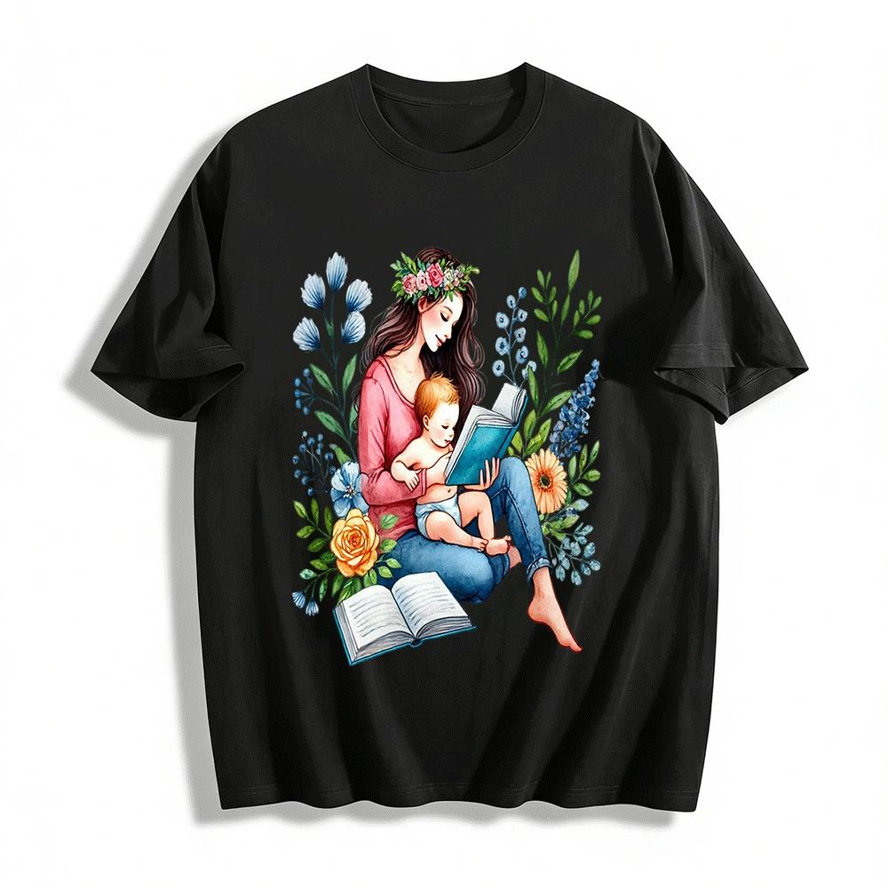 

Mommy And Baby Reading Print Casual Top Pure cotton T-shirt XXS