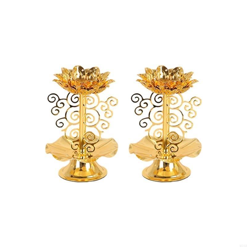 2Pcs Golden Silk Hollow Lotus Candle Holder Ghee Lamp Butter Lamp Holder Candlestick for Buddha Buddhist Temple Home Decor