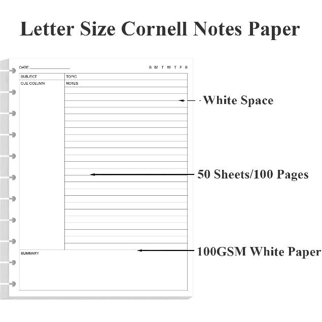 Letter Size Cornell Notes Filler Paper - 11 TUL Disc Cornell Notes Loose Leaf Paper, 50Sheets / 100Pages, 8.5'' x 11''