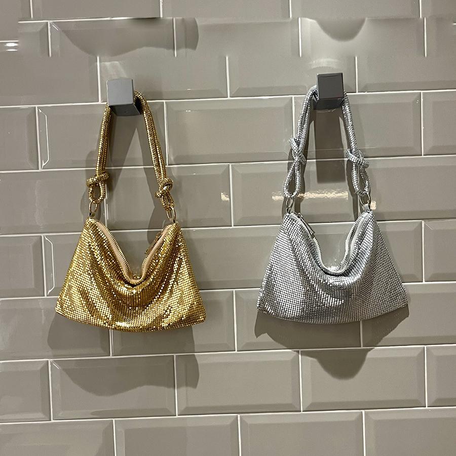 Aluminium Bankett Unterarm-Clutch Tasche Glänzender Geknoteter Griff Strasssteine Abendparty Luxus Hobo Handtasche Gold/Silber Schultertaschen